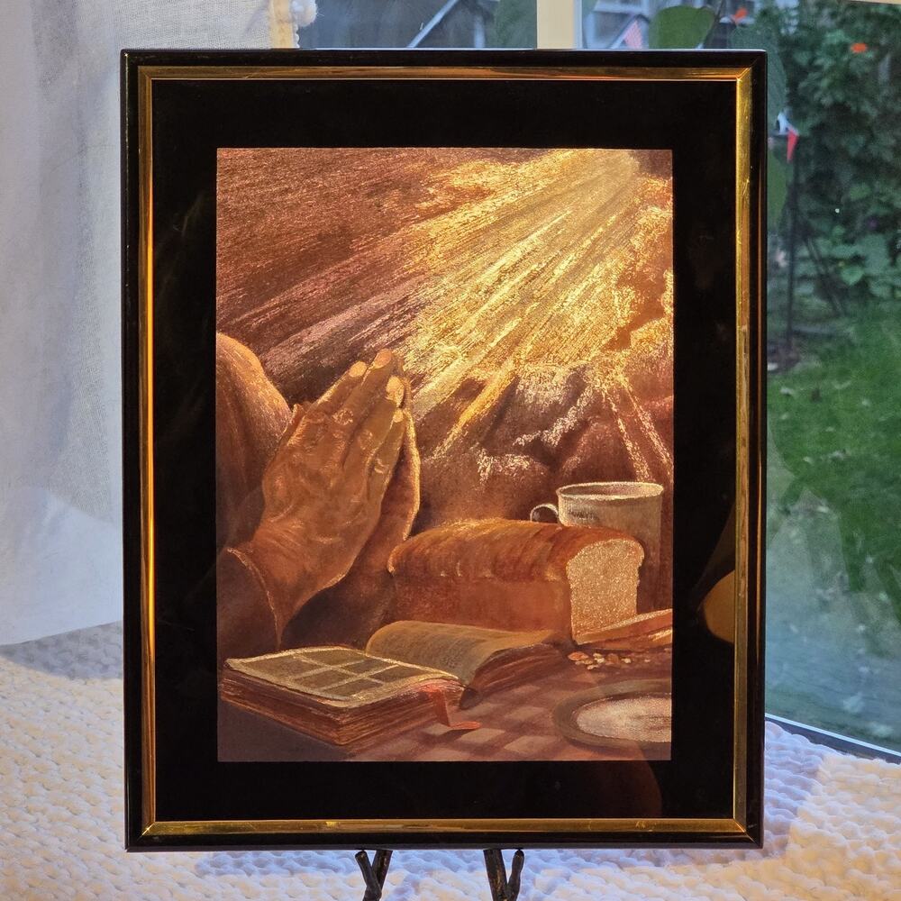 Praying Over Bread Vintage Foil Art Print Daily Bread Praying Hands
